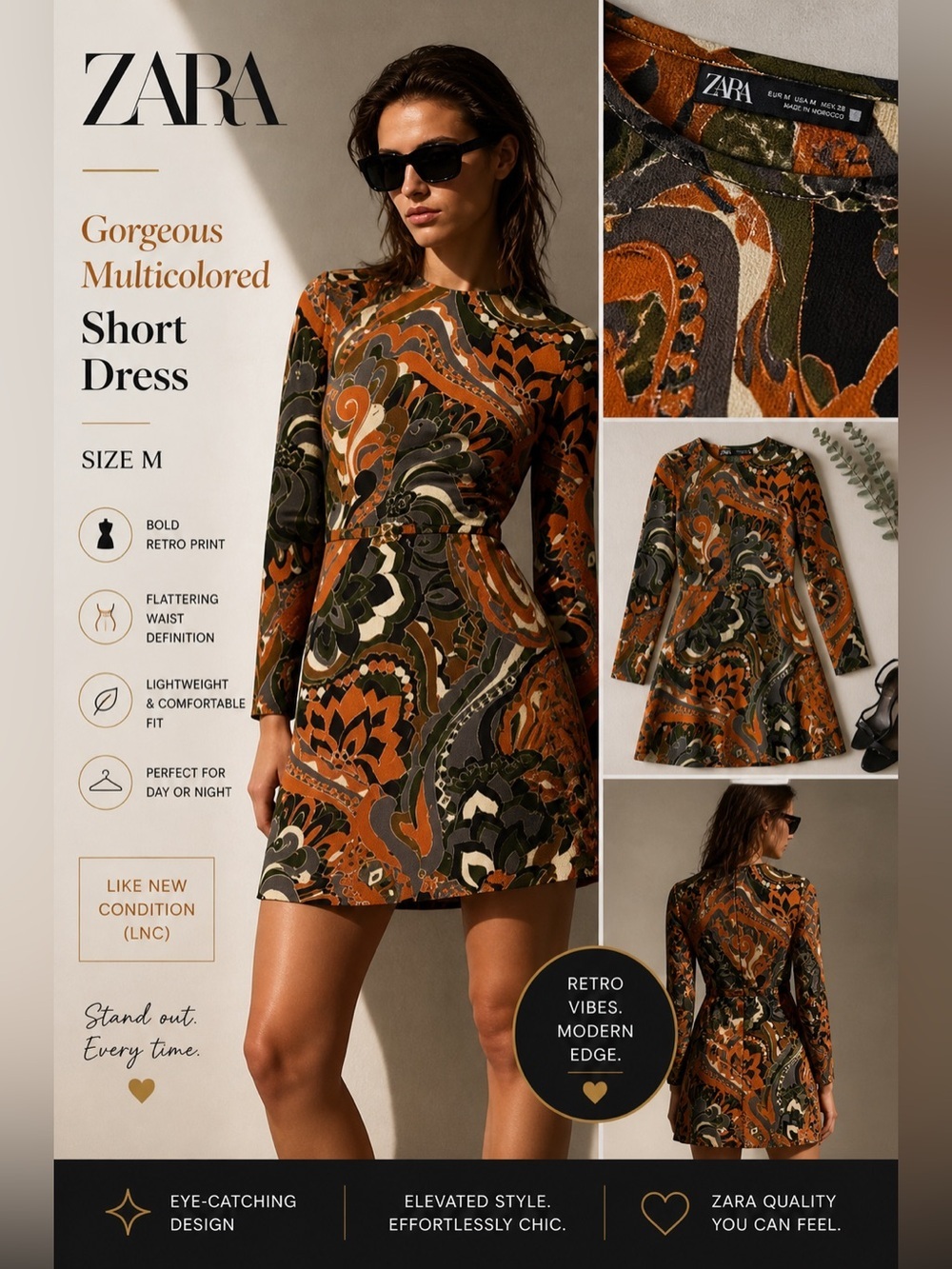 Zara Retro Print Long Sleeve Mini Dress Multicolor Size M